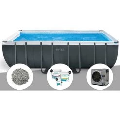 Kit Piscine Tubulaire Intex Ultra XTR Frame Rectangulaire 5,49 X 2,74 X 1,32 M + 10 Kg De Zéolite + Kit De Traitement Au Chlore + Pompe à Chaleur - Gris