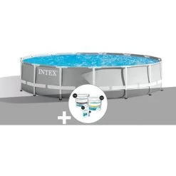 Kit Piscine Tubulaire Intex Prism Frame Ronde 4,57 X 1,07 M + Kit De Traitement Au Chlore - Gris