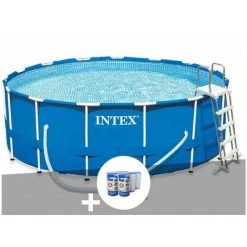 Kit Piscine Tubulaire Intex Metal Frame Ronde 4,57 X 1,22 M + 6 Cartouches De Filtration - Bleu