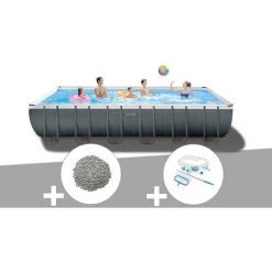 Kit Piscine Tubulaire Intex Ultra XTR Frame Rectangulaire 7,32 X 3,66 X 1,32 M + 20 Kg De Zéolite + Kit D'entretien - Gris