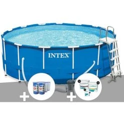 Kit Piscine Tubulaire Intex Metal Frame Ronde 4,57 X 1,22 M + 6 Cartouches De Filtration + Kit De Traitement Au Chlore - Bleu