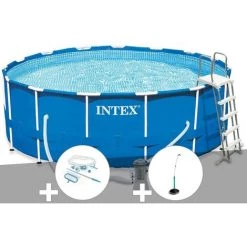 Kit Piscine Tubulaire Intex Metal Frame Ronde 4,57 X 1,22 M + Kit D'entretien + Douche Solaire - Bleu