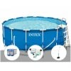 Kit Piscine Tubulaire Intex Metal Frame Ronde 4,57 X 1,22 M + 6 Cartouches De Filtration + Kit De Traitement Au Chlore + Douche Solaire - Bleu
