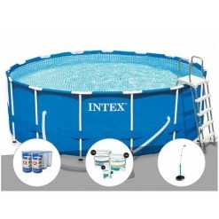 Kit Piscine Tubulaire Intex Metal Frame Ronde 4,57 X 1,22 M + 6 Cartouches De Filtration + Kit De Traitement Au Chlore + Douche Solaire - Bleu