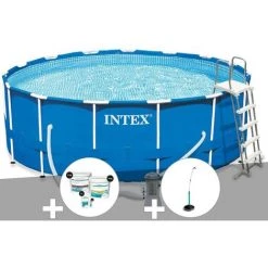 Kit Piscine Tubulaire Intex Metal Frame Ronde 4,57 X 1,22 M + Kit De Traitement Au Chlore + Douche Solaire - Bleu