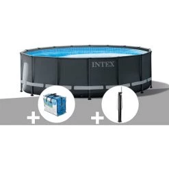 Kit Piscine Tubulaire Intex Ultra XTR Frame Ronde 5,49 X 1,32 M + Bâche à Bulles + Douche Solaire - Gris