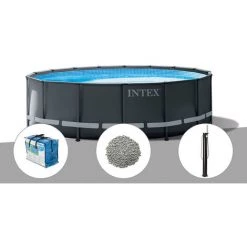 Kit Piscine Tubulaire Intex Ultra XTR Frame Ronde 5,49 X 1,32 M + Bâche à Bulles + 20 Kg De Zéolite + Douche Solaire - Gris