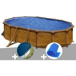 Kit Piscine Acier Aspect Bois Gré Mauritius Ovale 5,27 X 3,27 X 1,32 M + Bâche Hiver + Bâche à Bulles - Aspectbois