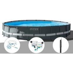 Kit Piscine Tubulaire Intex Ultra XTR Frame Ronde 7,32 X 1,32 M + Kit D'entretien + Kit De Traitement Au Chlore + Douche Solaire - Gris