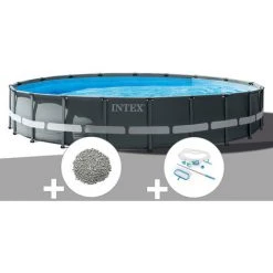 Kit Piscine Tubulaire Intex Ultra XTR Frame Ronde 7,32 X 1,32 M + 30 Kg De Zéolite + Kit D'entretien - Gris