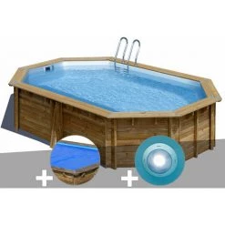 Kit Piscine Bois Gré Cannelle 5,35 X 3,35 X 1,17 M + Bâche à Bulles + Spot