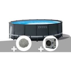 Kit Piscine Tubulaire Intex Ultra XTR Frame Ronde 4,88 X 1,22 M + 20 Kg De Zéolite + Pompe à Chaleur - Gris