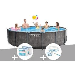 Kit Piscine Tubulaire Intex Baltik Ronde 4,57 X 1,22 M + 6 Cartouches De Filtration + Kit D'entretien - Gris