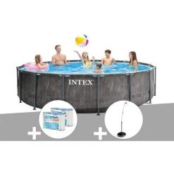 Kit Piscine Tubulaire Intex Baltik Ronde 4,57 X 1,22 M + 6 Cartouches De Filtration + Douche Solaire - Gris