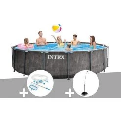 Kit Piscine Tubulaire Intex Baltik Ronde 4,57 X 1,22 M + Kit D'entretien + Douche Solaire - Gris