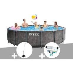 Kit Piscine Tubulaire Intex Baltik Ronde 4,57 X 1,22 M + Douche Solaire + Kit De Traitement Au Chlore - Gris