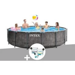 Kit Piscine Tubulaire Intex Baltik Ronde 4,57 X 1,22 M + Kit De Traitement Au Chlore - Gris