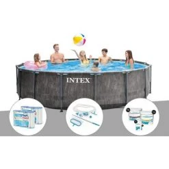 Kit Piscine Tubulaire Intex Baltik Ronde 4,57 X 1,22 M + 6 Cartouches De Filtration + Kit D'entretien + Kit De Traitement Au Chlore - Gris