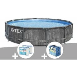 Kit Piscine Tubulaire Intex Baltik Ronde 5,49 X 1,22 M + 6 Cartouches De Filtration + Bâche à Bulles - Gris