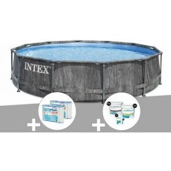 Kit Piscine Tubulaire Intex Baltik Ronde 5,49 X 1,22 M + 6 Cartouches De Filtration + Kit De Traitement Au Chlore - Gris