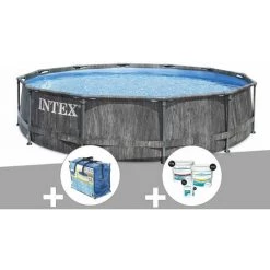 Kit Piscine Tubulaire Intex Baltik Ronde 5,49 X 1,22 M + Bâche à Bulles + Kit De Traitement Au Chlore - Gris