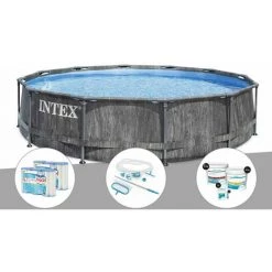 Kit Piscine Tubulaire Intex Baltik Ronde 5,49 X 1,22 M + 6 Cartouches De Filtration + Kit D'entretien + Kit De Traitement Au Chlore - Gris