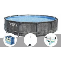 Kit Piscine Tubulaire Intex Baltik Ronde 5,49 X 1,22 M + Bâche à Bulles + Douche Solaire + Kit De Traitement Au Chlore - Gris
