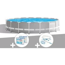 Kit Piscine Tubulaire Intex Prism Frame Ronde 5,49 X 1,22 M + 6 Cartouches De Filtration + Kit D'entretien - Gris