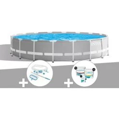 Kit Piscine Tubulaire Intex Prism Frame Ronde 5,49 X 1,22 M + Kit D'entretien + Kit De Traitement Au Chlore - Gris