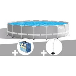 Kit Piscine Tubulaire Intex Prism Frame Ronde 5,49 X 1,22 M + Bâche à Bulles + Douche Solaire - Gris