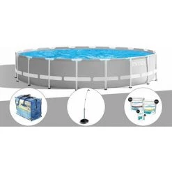 Kit Piscine Tubulaire Intex Prism Frame Ronde 5,49 X 1,22 M + Bâche à Bulles + Douche Solaire + Kit De Traitement Au Chlore - Gris