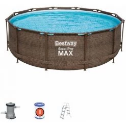 Piscine Hors Sol Ronde Steel Pro Bestway - Décor Rotin Tressé Brun - Diamètre 366 Cm - Hauteur 100 Cm