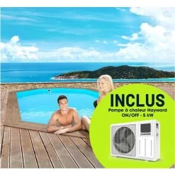 HABITAT & JARDIN Piscine Bois " Rio " - 5.60 X 3.70 X 1.24 M + Pompe à Chaleur Réversible "Simplicity By Hayward" ON/OFF - 5 KW - Blanc