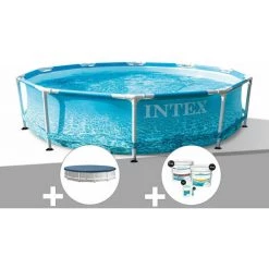 Kit Piscine Tubulaire Intex Metal Frame Ocean Ronde 3,05 X 0,76 M + Bâche De Protection + Kit De Traitement Au Chlore - Bleu