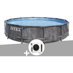 Kit Piscine Tubulaire Intex Baltik Ronde 5,49 X 1,22 M + Pompe à Chaleur - Gris