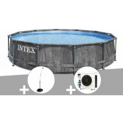 Kit Piscine Tubulaire Intex Baltik Ronde 5,49 X 1,22 M + Douche Solaire + Pompe à Chaleur - Gris