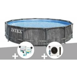 Kit Piscine Tubulaire Intex Baltik Ronde 5,49 X 1,22 M + Kit De Traitement Au Chlore + Pompe à Chaleur - Gris