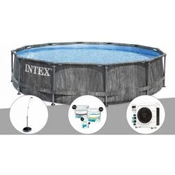 Kit Piscine Tubulaire Intex Baltik Ronde 5,49 X 1,22 M + Douche Solaire + Kit De Traitement Au Chlore + Pompe à Chaleur - Gris