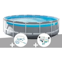 Kit Piscine Tubulaire Intex Prism Frame Clear Window Ronde 4,88 X 1,22 M + Kit D'entretien + Kit De Traitement Au Chlore - Gris