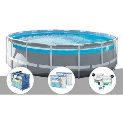 Kit Piscine Tubulaire Intex Prism Frame Clear Window Ronde 4,88 X 1,22 M + Kit D'entretien + 6 Cartouches De Filtration + Kit De Traitement Au Chlore - Gris