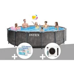 Kit Piscine Tubulaire Intex Baltik Ronde 4,57 X 1,22 M + 6 Cartouches De Filtration + Pompe à Chaleur - Gris