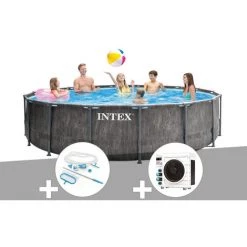 Kit Piscine Tubulaire Intex Baltik Ronde 4,57 X 1,22 M + Kit D'entretien + Pompe à Chaleur - Gris