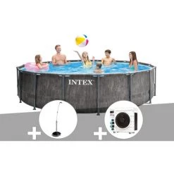 Kit Piscine Tubulaire Intex Baltik Ronde 4,57 X 1,22 M + Douche Solaire + Pompe à Chaleur - Gris