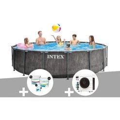 Kit Piscine Tubulaire Intex Baltik Ronde 4,57 X 1,22 M + Kit De Traitement Au Chlore + Pompe à Chaleur - Gris