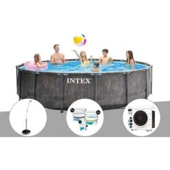 Kit Piscine Tubulaire Intex Baltik Ronde 4,57 X 1,22 M + Douche Solaire + Kit De Traitement Au Chlore + Pompe à Chaleur - Gris