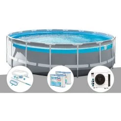 Kit Piscine Tubulaire Intex Prism Frame Clear Window Ronde 4,88 X 1,22 M + Kit D'entretien + 6 Cartouches De Filtration + Pompe à Chaleur - Gris