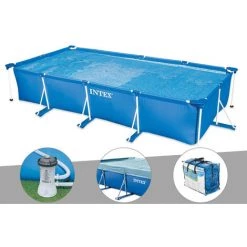 Kit Piscine Tubulaire Rectangulaire Intex 4,50 X 2,20 X 0,84 M + Filtration à Cartouche + Bâche De Protection + Bâche à Bulles