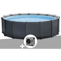 Kit Piscine Tubulaire Intex Graphite Ronde 4,78 X 1,24 M + Pompe à Chaleur - Gris