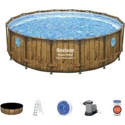 Piscine Hors Sol Tubulaire Bestway Power Steel Design Pierre Ø488x122 Cm Épurateur à Cartouche De 5.678 L/h Bâche, Échelle