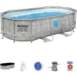 Piscine Hors Sol Tubulaire Bestway Power Steel Design Pierre 427x250x100 Cm Épurateur à Cartouche De 2.006 L/h Bâche, Échelle